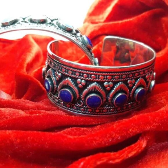 Single Boho Kuchi Cuff Bracelet: Tribal Afghan Silver Bracelet with Stones - Picture 2 of 4